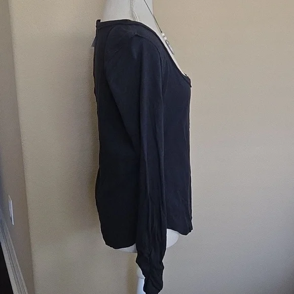 Anthropologie Pilcro Long Sleeve Scoop Neck Henley Tee Ruched Sleeves Black - M - Picture 2 of 9